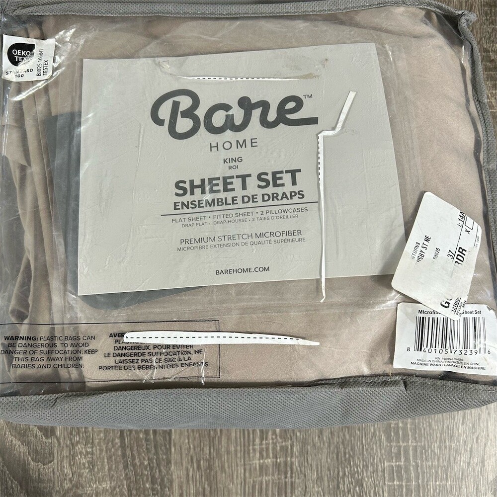 Bare Home Sheet Set King Beige Taupe 4-Piece Stretch Fit Soft